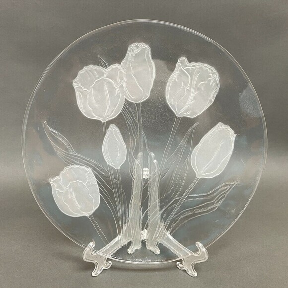 Clear Frost Glass Cake Plate Serving Tray Tulips Floral 12 3/4" across - Picture 1 of 5